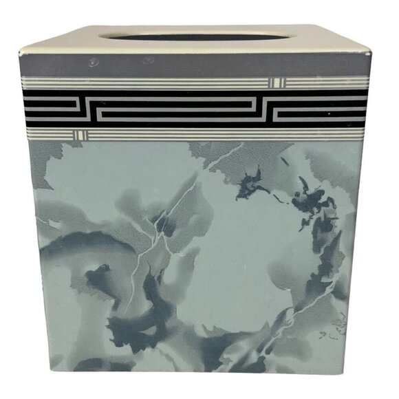 Vintage Geometric Plastic Tissue Box Cover Marbled Blue & Black with White Top - Picture 3 of 8